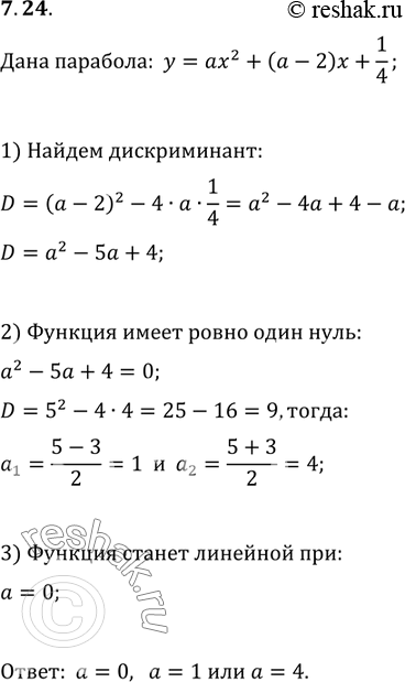 Изображение 7.24. При каком значении параметра a график функции y=ax^2+(a-2)x+1/4 имеет с осью абсцисс одну общую...