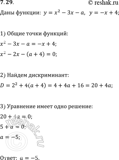 Изображение 7.29. При каких значениях параметра a прямая y=-x+4 имеет с параболой y=x^2-3x-a одну общую...